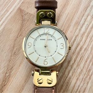 Anne Klein ladies gold tone brown leather dress watch NEW BATTERY
